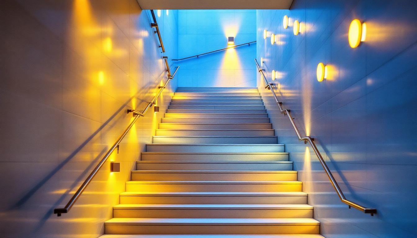 A photograph of a beautifully designed indoor stairway featuring various lighting fixtures