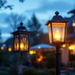 A photograph of a beautifully designed bronze post lantern illuminating a cozy outdoor space at dusk