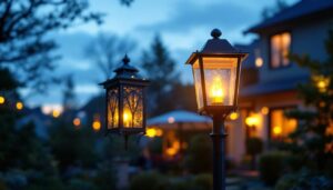 A photograph of a beautifully designed bronze post lantern illuminating a cozy outdoor space at dusk
