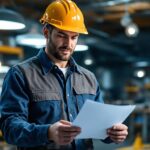 A photograph of a confident contractor reviewing a lithonia lighting product warranty document