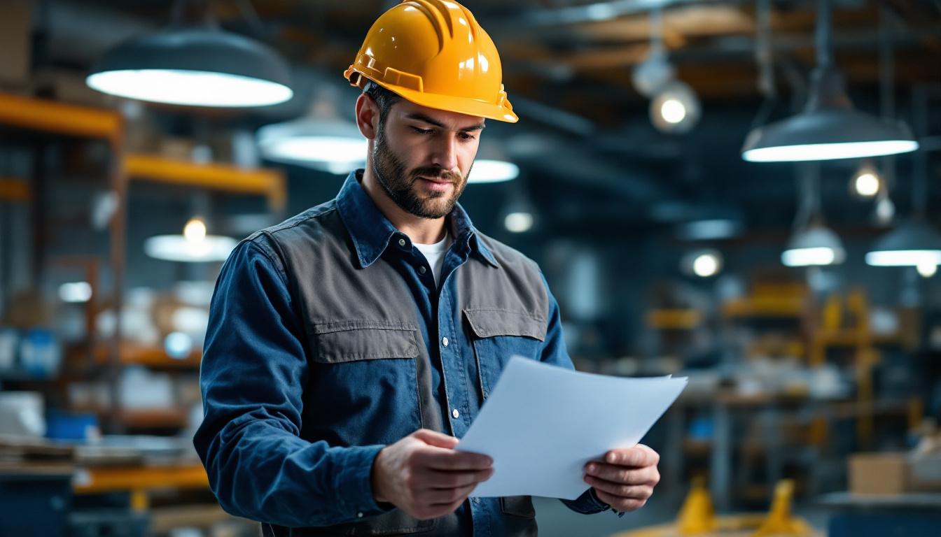 A photograph of a confident contractor reviewing a lithonia lighting product warranty document