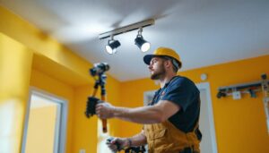 A photograph of a skilled lighting contractor in the process of converting recessed lights to track lights