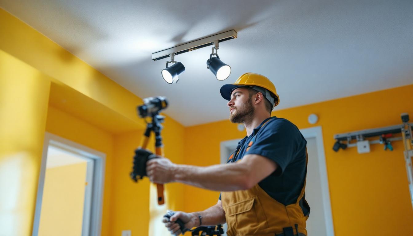 A photograph of a skilled lighting contractor in the process of converting recessed lights to track lights
