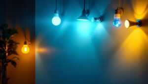 A photograph of a well-lit interior space showcasing various mr16 bulbs in different fixtures