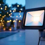 A photograph of a beautifully lit outdoor space featuring a stylish flood light with a plug outlet
