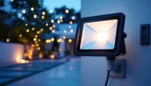 A photograph of a beautifully lit outdoor space featuring a stylish flood light with a plug outlet