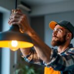 A photograph of a skilled lighting contractor expertly installing or adjusting a stylish closeout pendant light in a modern home setting