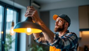 A photograph of a skilled lighting contractor expertly installing or adjusting a stylish closeout pendant light in a modern home setting