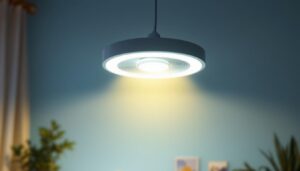 A photograph of a stylish light fixture with an integrated fan