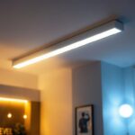 A photograph of a sleek linear flush mount light fixture installed in a modern interior setting