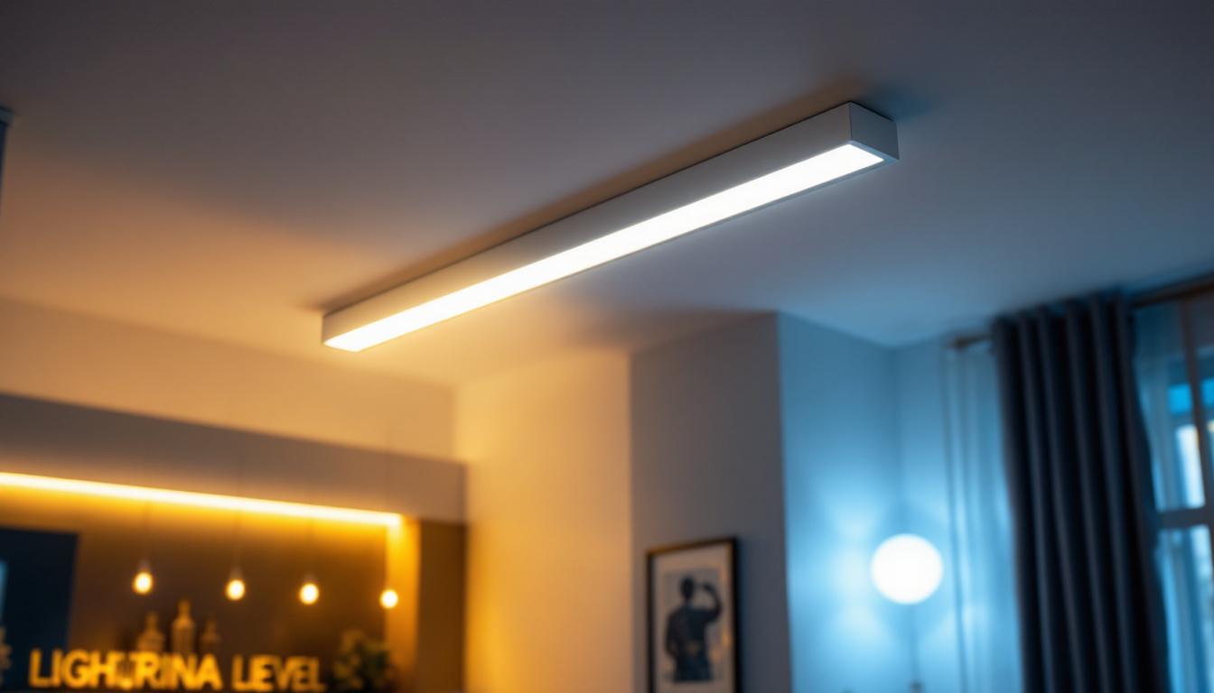 A photograph of a sleek linear flush mount light fixture installed in a modern interior setting