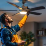 A photograph of a skilled lighting contractor expertly installing energy-efficient fans in a modern residential setting