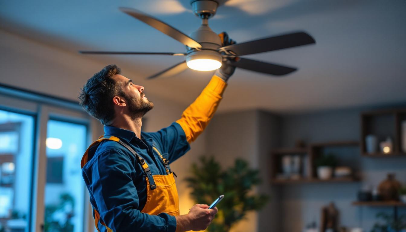 A photograph of a skilled lighting contractor expertly installing energy-efficient fans in a modern residential setting