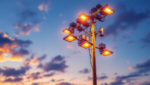 A photograph of a 50-foot pole equipped with various lighting fixtures at sunset