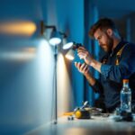 A photograph of a skilled lighting contractor installing a 6 can light retrofit in a modern home setting
