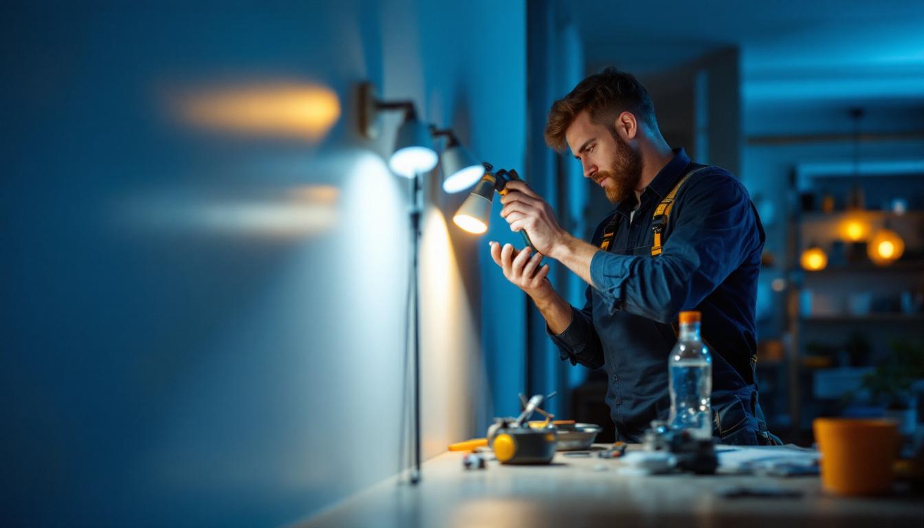 A photograph of a skilled lighting contractor installing a 6 can light retrofit in a modern home setting