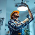 A photograph of a skilled lighting contractor installing a modern light fixture with visible power outlet connections