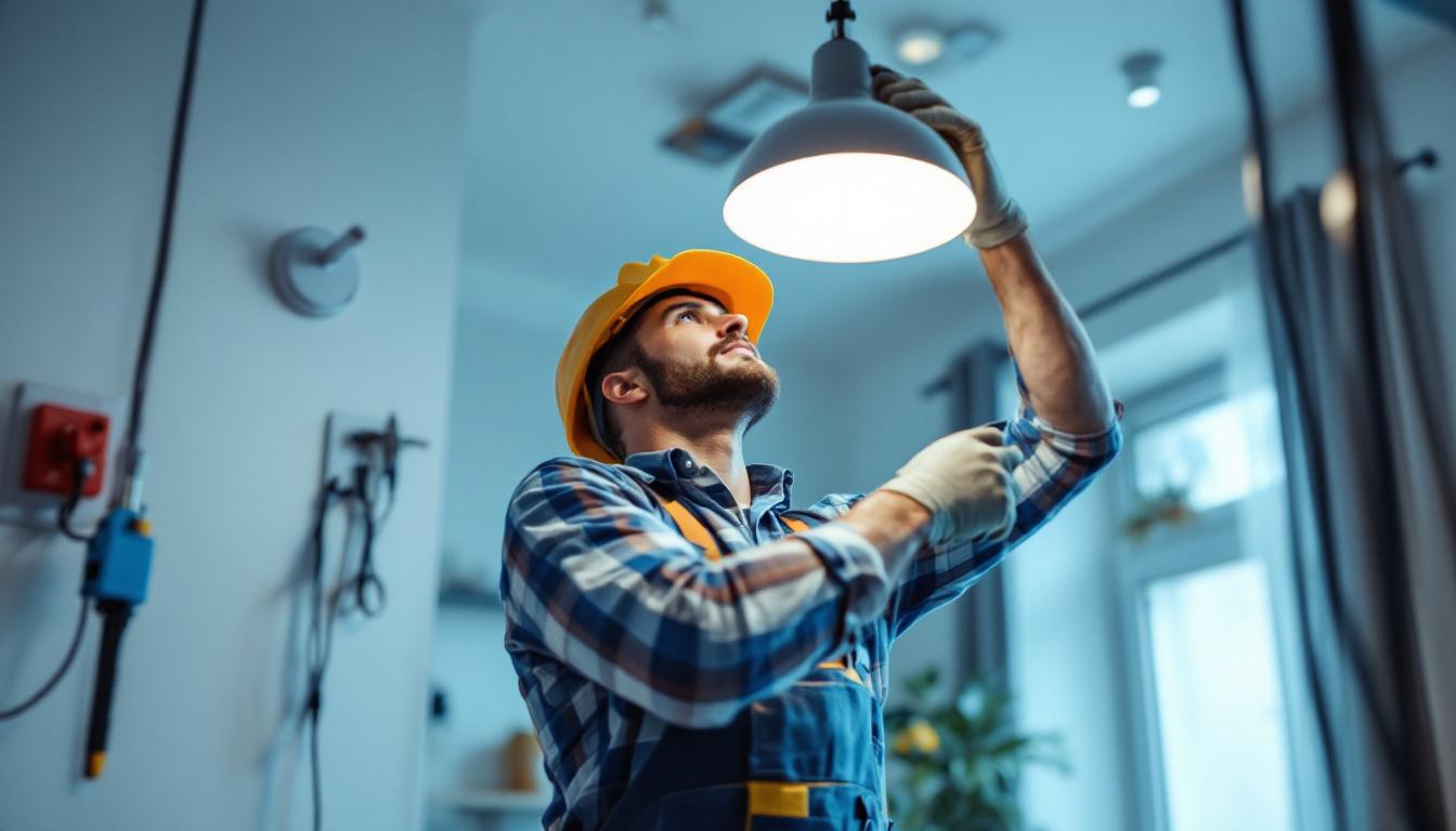 A photograph of a skilled lighting contractor installing a modern light fixture with visible power outlet connections