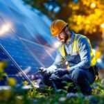 A photograph of a skilled lighting contractor working with various types of solar-powered lighting installations