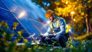 A photograph of a skilled lighting contractor working with various types of solar-powered lighting installations