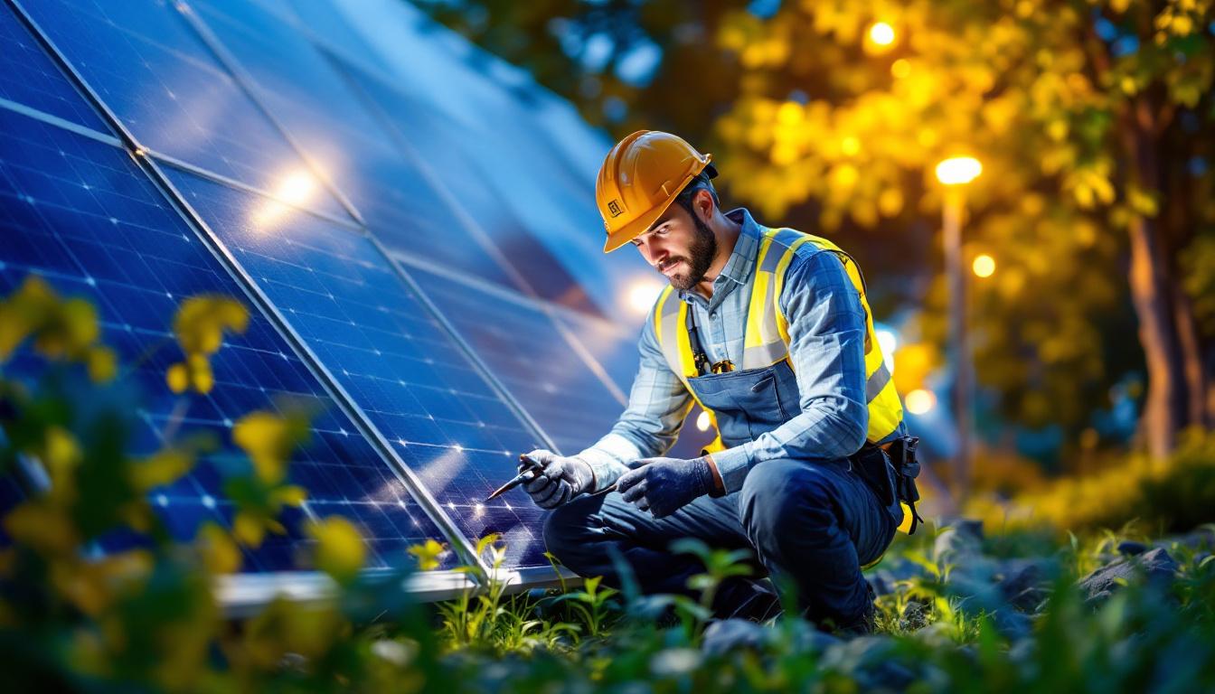 A photograph of a skilled lighting contractor working with various types of solar-powered lighting installations