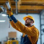 A photograph of a lighting contractor in action