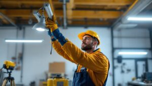 A photograph of a lighting contractor in action