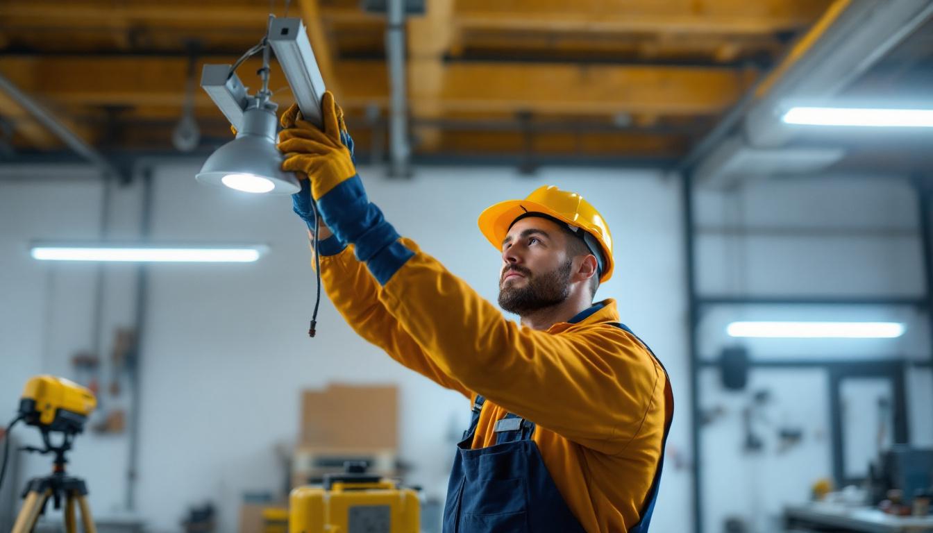 A photograph of a lighting contractor in action