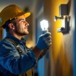 A photograph of a lighting contractor efficiently installing a cfl lamp in a residential setting