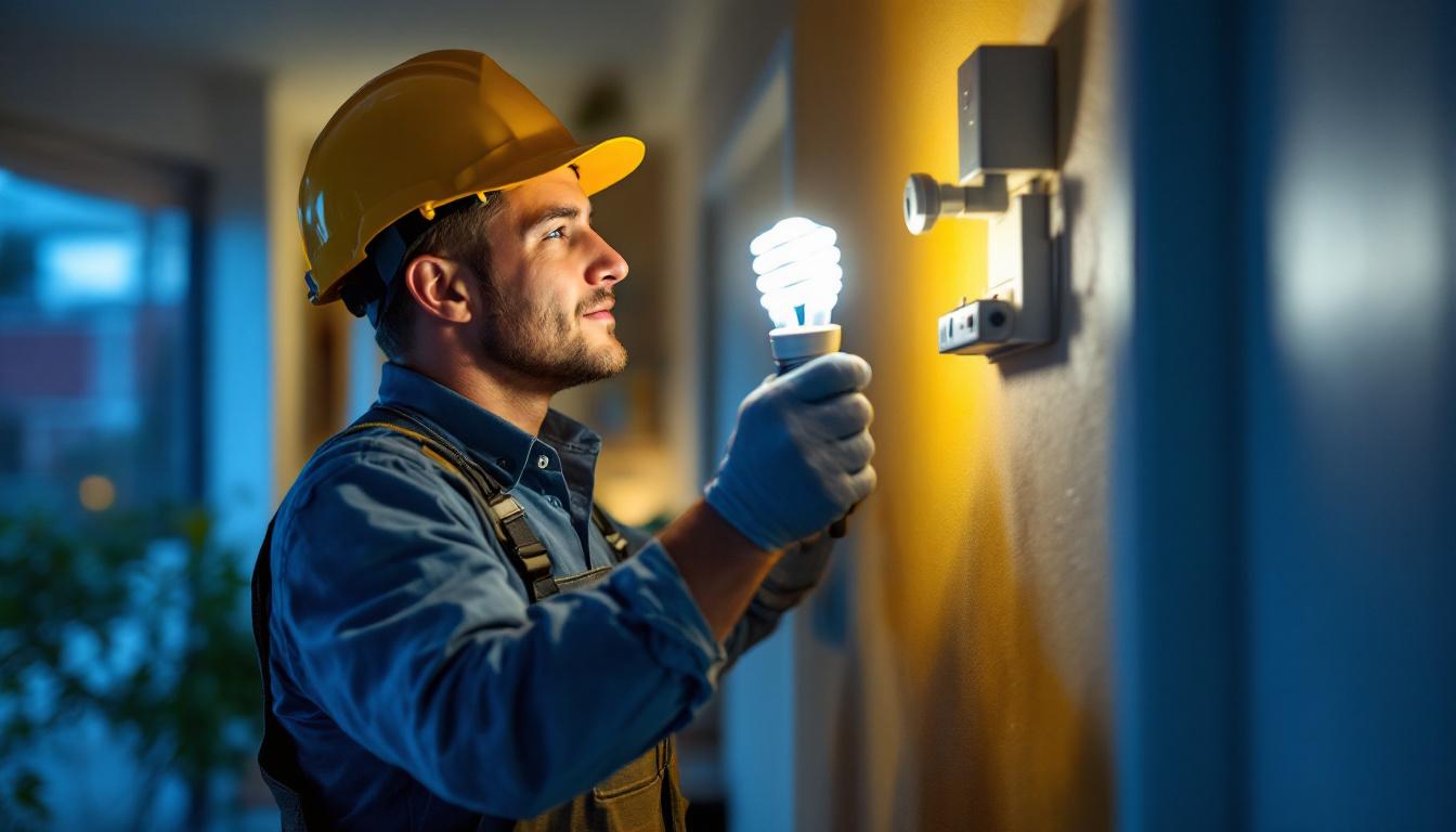 A photograph of a lighting contractor efficiently installing a cfl lamp in a residential setting