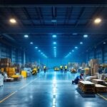 A photograph of capture a photograph of a well-organized parking lot warehouse filled with neatly arranged lighting project materials