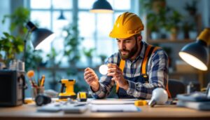 A photograph of a well-lit workspace featuring a contractor examining a 400 w light bulb