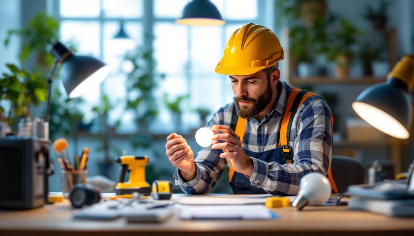 A photograph of a well-lit workspace featuring a contractor examining a 400 w light bulb