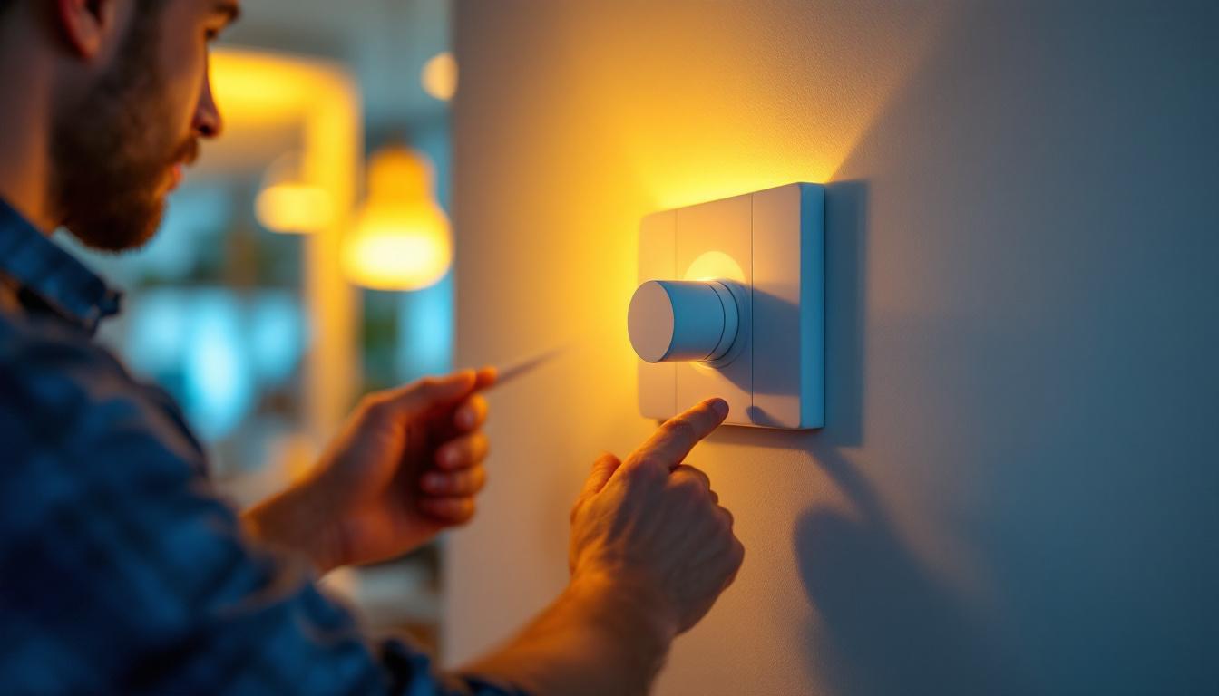 A photograph of a lighting contractor installing a stylish dimmer switch in a modern home setting