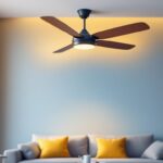 A photograph of a stylish wall-mounted ceiling fan in a modern living space