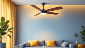 A photograph of a stylish wall-mounted ceiling fan in a modern living space