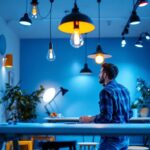 A photograph of a well-lit interior space showcasing a variety of stylish light fixtures in use