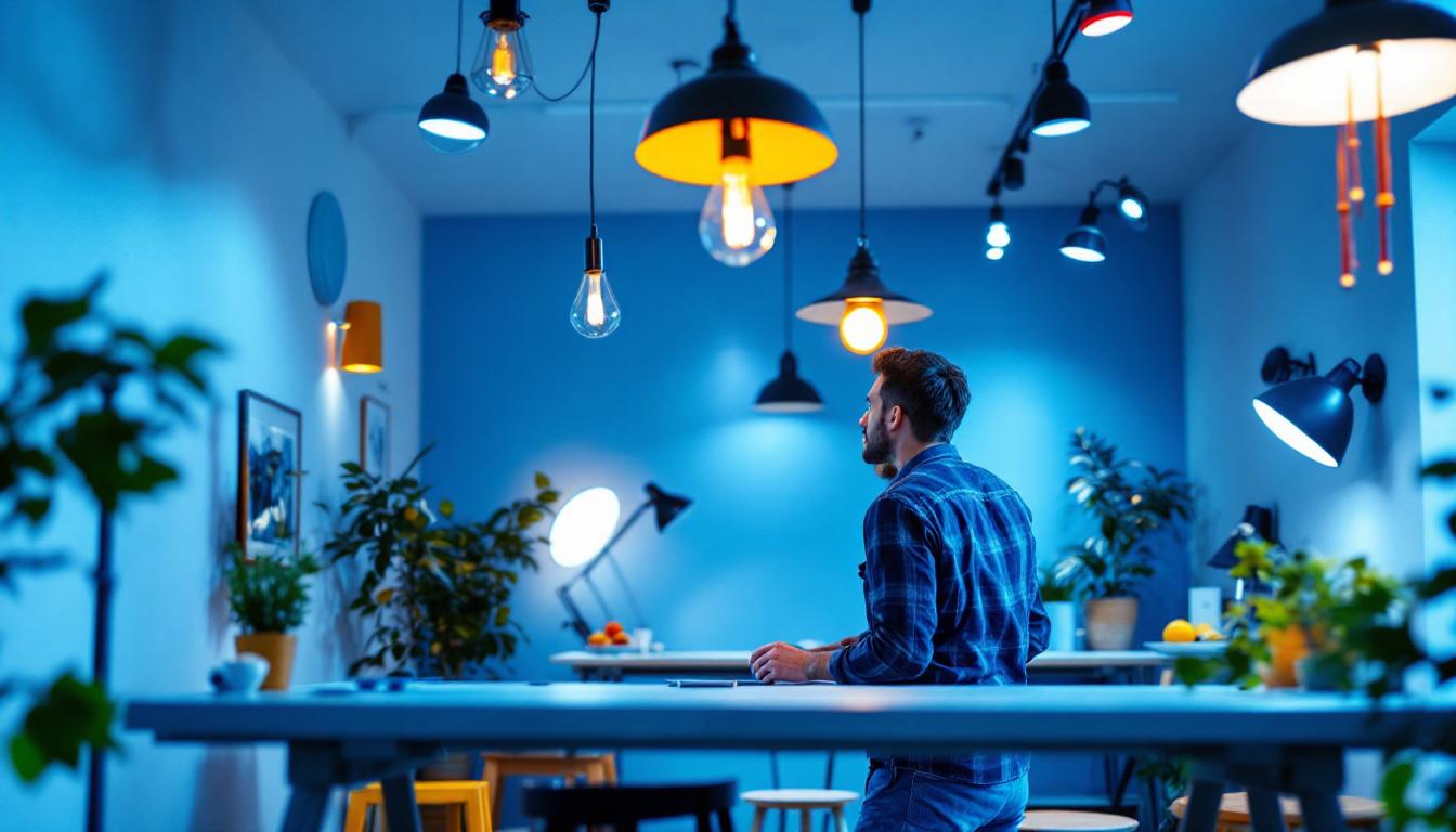 A photograph of a well-lit interior space showcasing a variety of stylish light fixtures in use