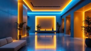A photograph of a beautifully lit interior space showcasing hidden led strip lighting integrated into architectural features