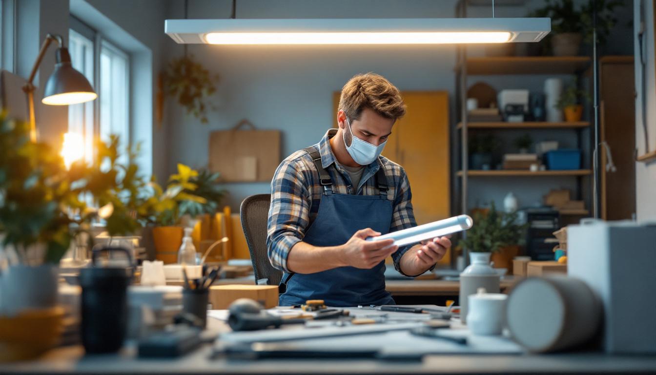 A photograph of a well-lit workspace featuring a lighting contractor installing or showcasing t8 led tube lamps