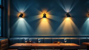 A photograph of a beautifully designed restaurant interior featuring stylish wall lights that enhance the ambiance