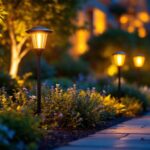 A photograph of a beautifully landscaped garden illuminated by an array of stylish solar garden lamps