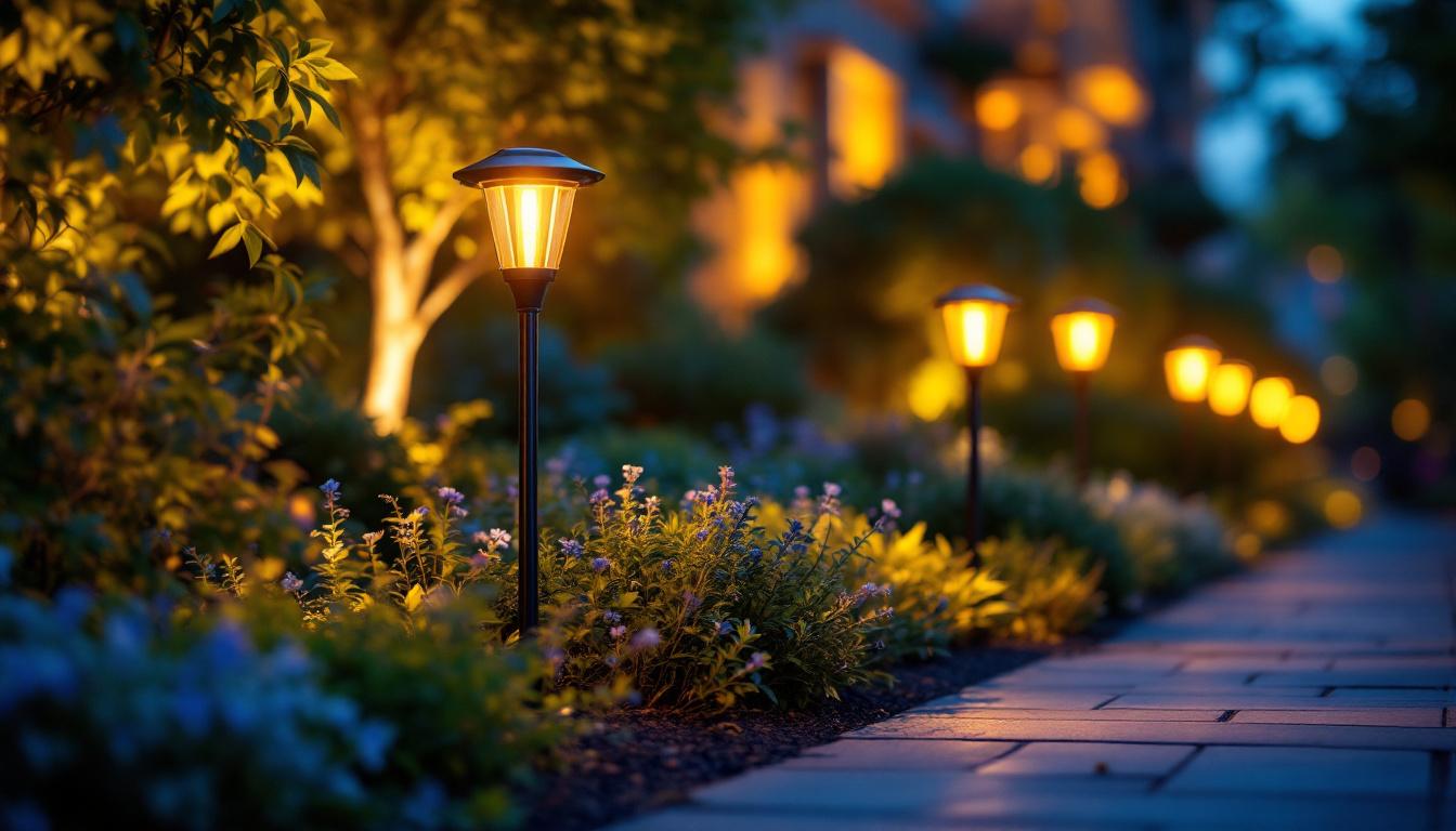 A photograph of a beautifully landscaped garden illuminated by an array of stylish solar garden lamps