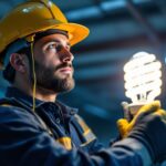 A photograph of a lighting contractor installing or adjusting a 100w metal halide bulb in a commercial or industrial setting