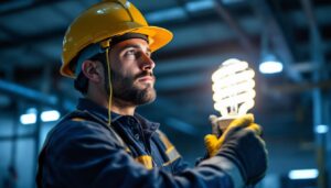 A photograph of a lighting contractor installing or adjusting a 100w metal halide bulb in a commercial or industrial setting
