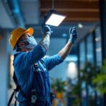 A photograph of a lighting contractor expertly installing indoor flood light fixtures in a modern interior setting
