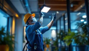 A photograph of a lighting contractor expertly installing indoor flood light fixtures in a modern interior setting