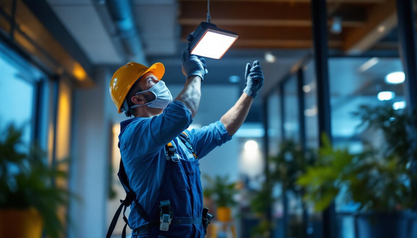 A photograph of a lighting contractor expertly installing indoor flood light fixtures in a modern interior setting