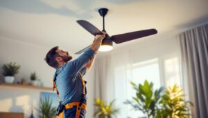 A photograph of a lighting contractor installing an unconventional ceiling fan in a stylish interior space