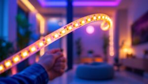 A photograph of a close-up shot of a vibrant led tape roll being installed by a lighting contractor in a modern interior setting
